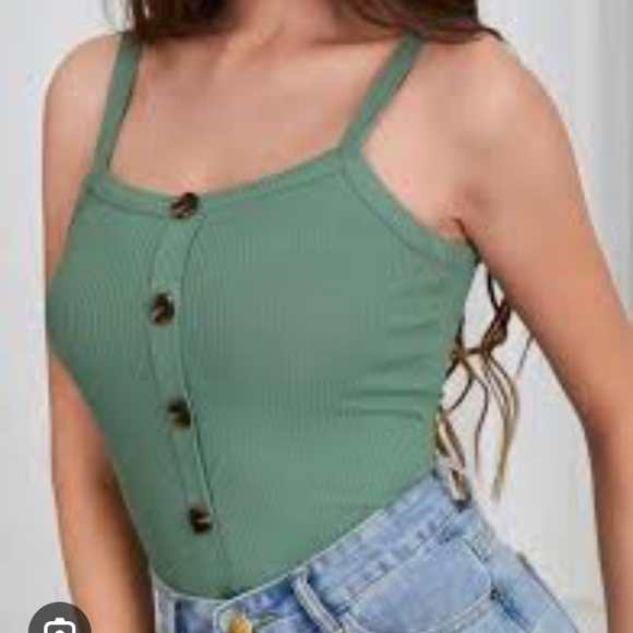 Sage Green Ribbed Faux Button Tank Top XS Minimalist Shein - Picture 2 of 10